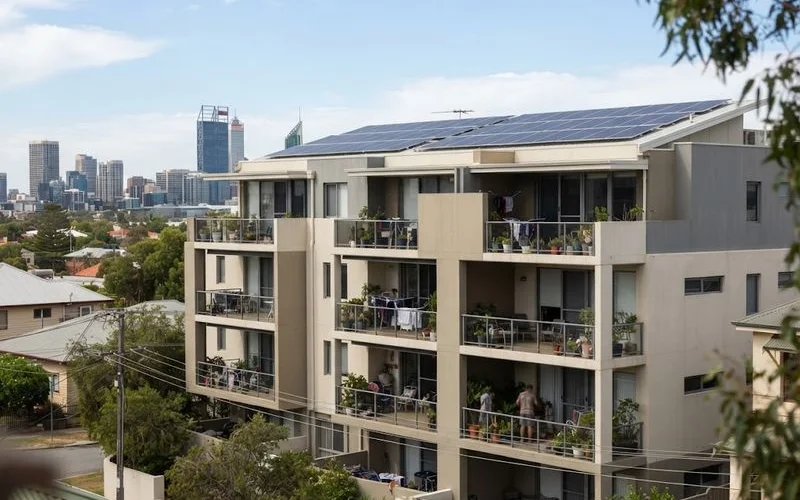A modern apartment building in Perth with rooftop solar panels visible on the shared roof structure