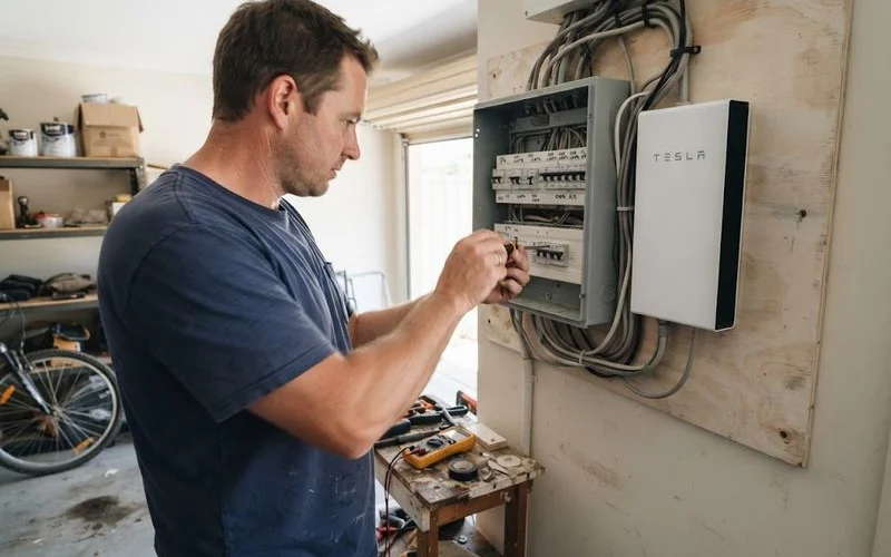 A home battery and backup switchboard panel mounted on an exterior wall, wired to isolate the house from the grid