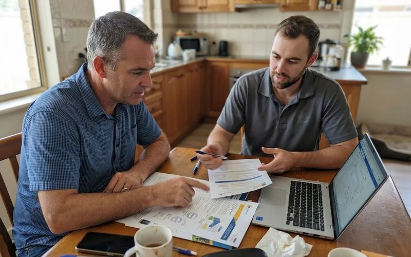 A tradesperson checking a printed accreditation certificate against a clipboard before starting a solar installation job