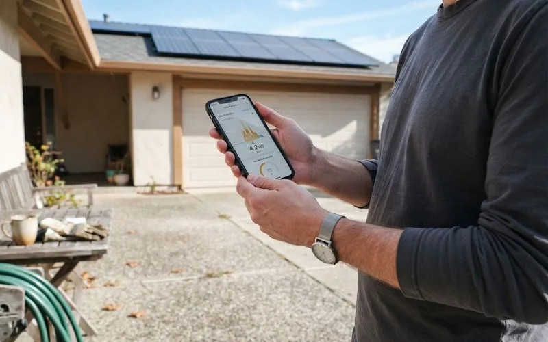 A homeowner checking a solar monitoring app on a phone next to an inverter mounted on a garage wall