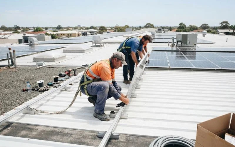 A rooftop commercial solar array being installed on a large industrial building roof in the Perth metropolitan area