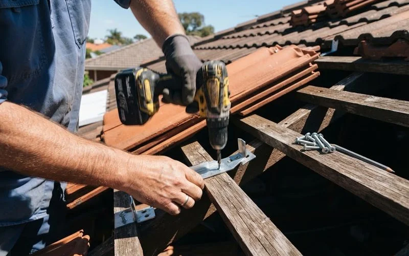 A solar installer standing on a Perth home rooftop fitting mounting brackets before laying solar panels in daylight