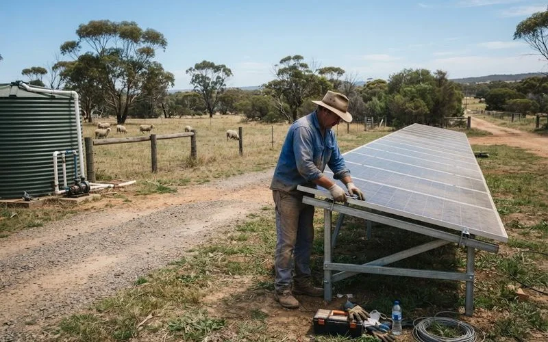 A standalone off-grid solar power system with panels, battery storage and a backup generator set up on a remote rural property