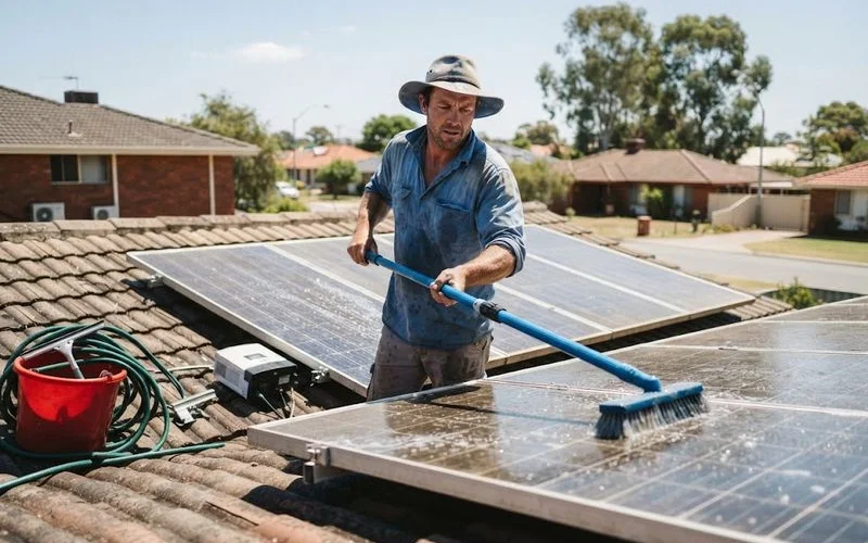A professional cleaner using a soft brush and water-fed pole to clean solar panels on a Perth home rooftop