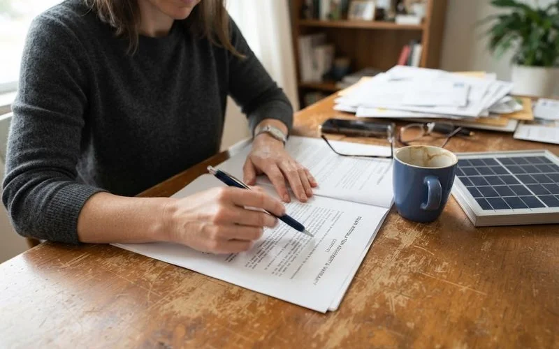 Two people reviewing a written solar installation contract and warranty documents together at a table