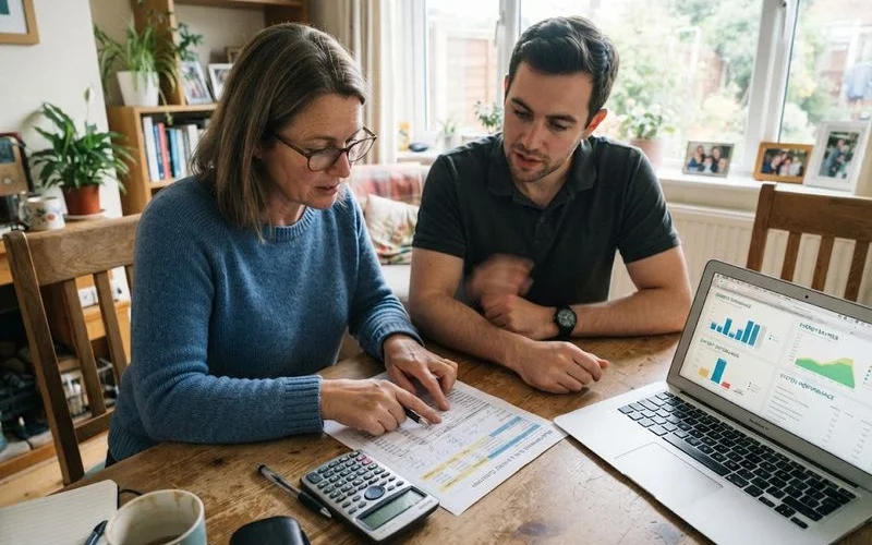 A homeowner reviewing a printed solar quote document at a kitchen table with a laptop showing a rebate calculation