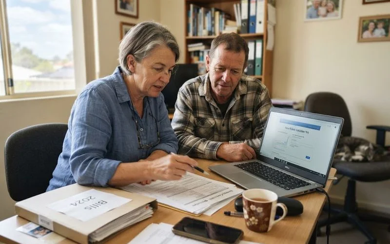 A pensioner homeowner reviewing an electricity concession letter alongside a solar system brochure at home