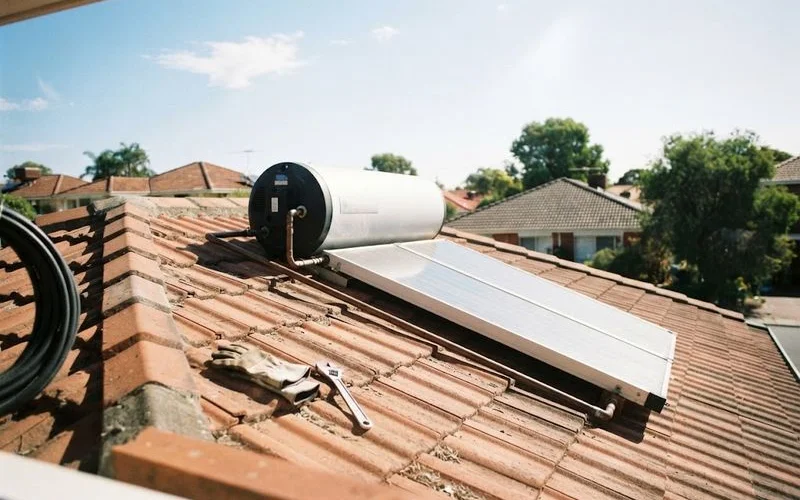 A solar hot water storage tank and roof-mounted collector panels installed on the tiled roof of a suburban Perth home
