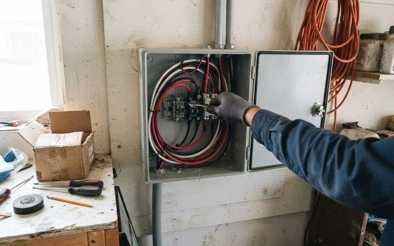 A close-up of solar panels being wired into a rooftop combiner box during installation in Perth, WA