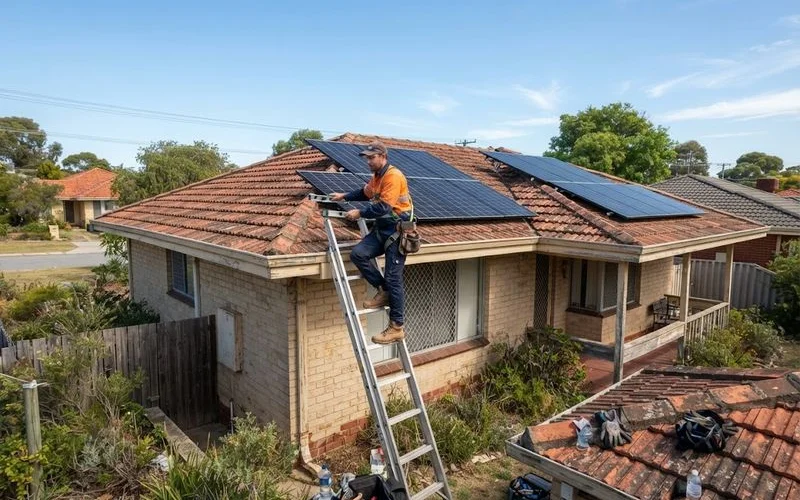A rooftop solar array on a Perth home with panels arranged across two different roof angles under clear sky
