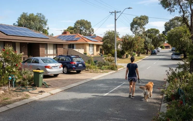A residential street in Perth with rooftop solar panels visible on several homes, showing the local grid infrastructure