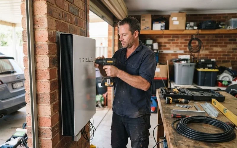 A wall-mounted home solar battery unit installed in a garage with visible clearance space around it